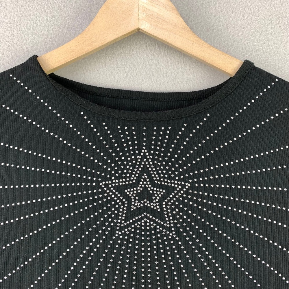 Y2K Rue21 Star Rhinestone Top Womens XS Black Long Sleeve Ribbed Stretch